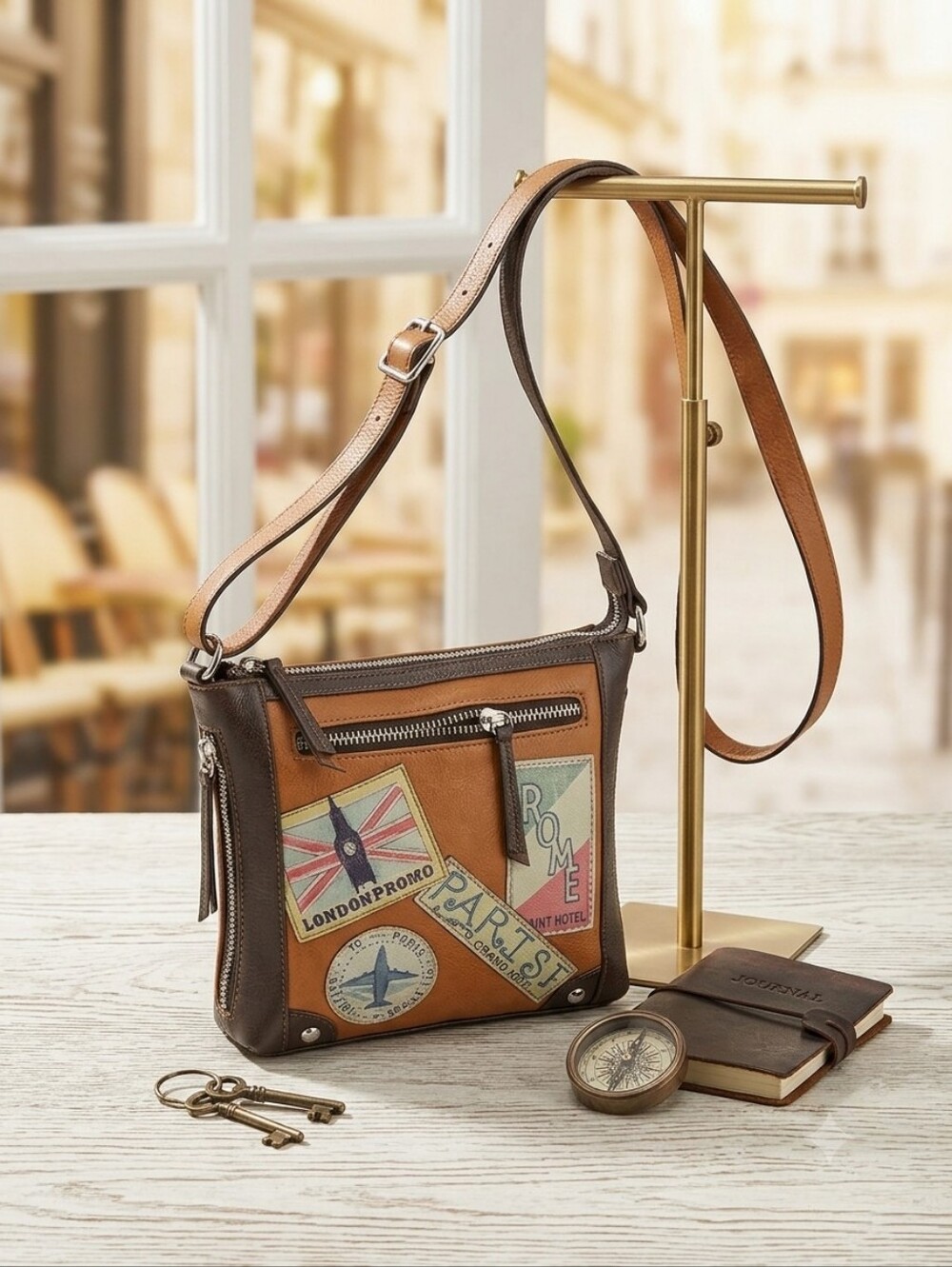 Vintage Jetsetter Travel Aesthetic Patch Crossbody Bag in Brown-Multicolor